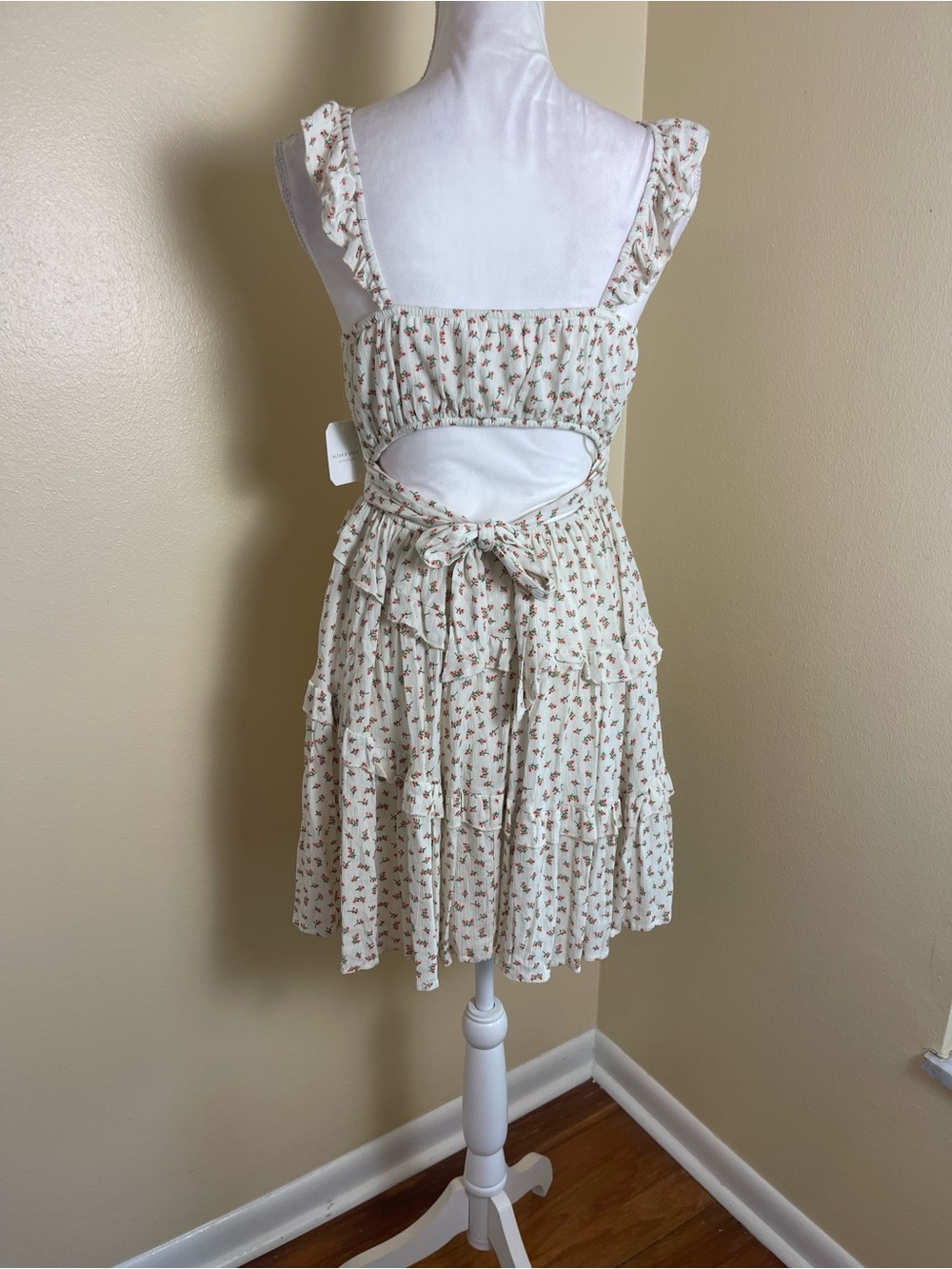Coquette Floral Ruffle Mini Dress Tiered Cottagecore Tie Back Cutout Sundress M - Picture 11 of 16